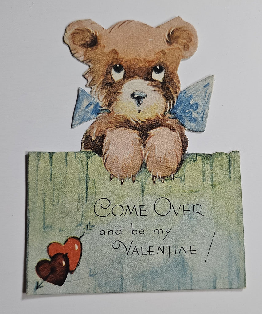 Vintage Antique Die Cut Valentine Card Teddy Bear in Blue Bow Holding Come Over and Be My Valentine Sign