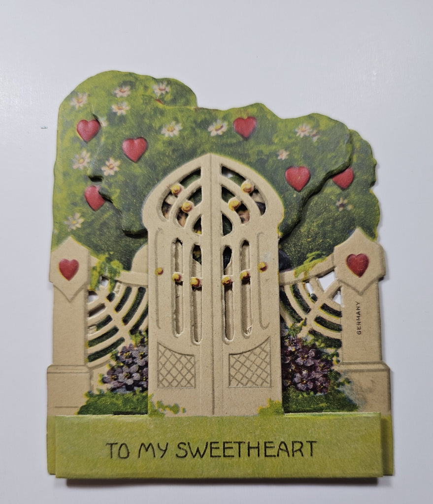 Vintage Antique Die Cut Mechanical German Valentine Card Children Behind Gate with Doors in Apple Orchard Card Opens at Doors