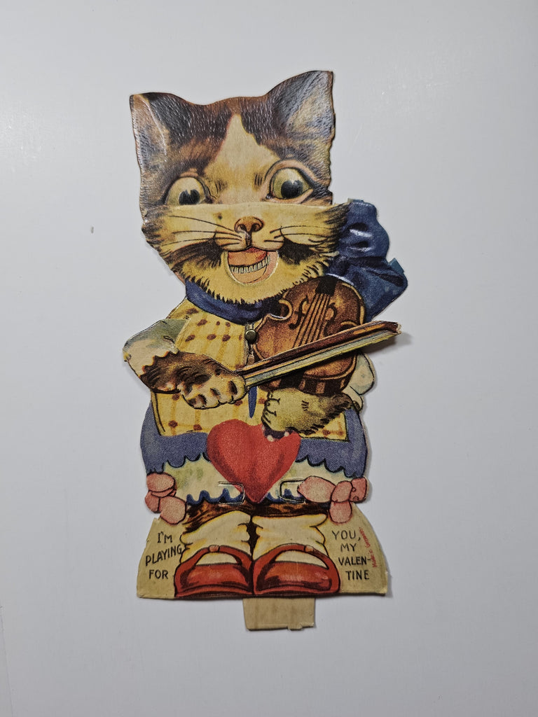 Vintage Antique Die Cut Mechanical German Valentine Card Moving Mouth Cat Playing Violin