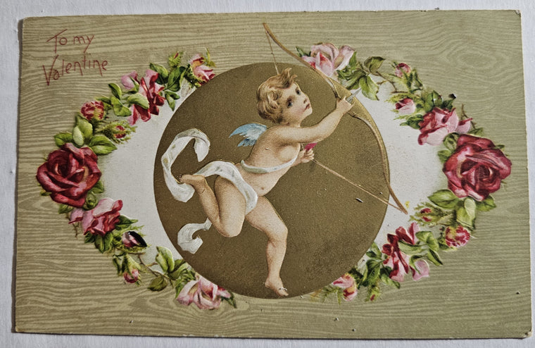 Valentine Postcard Gold Embossed Cupid Shooting Bow with Flowers 606
