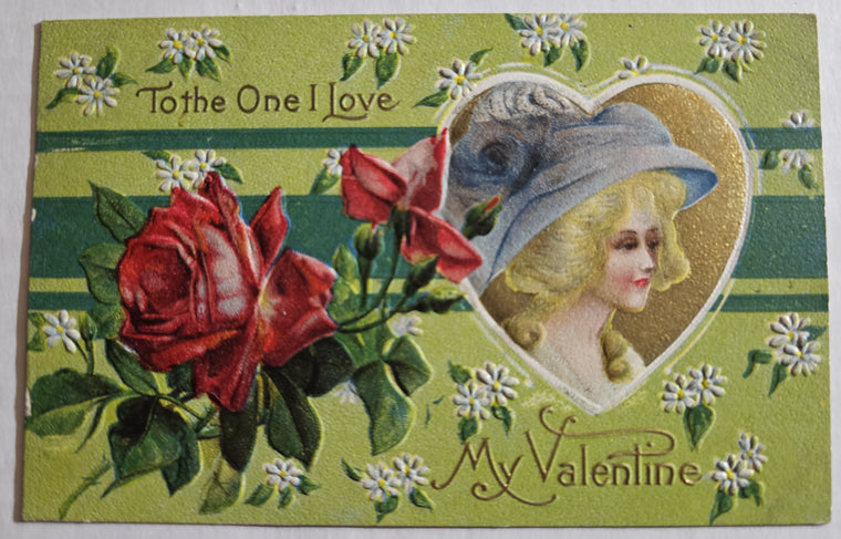 Valentine Postcard Gold Embossed Woman in Bonnet Red Rose Colonial Series