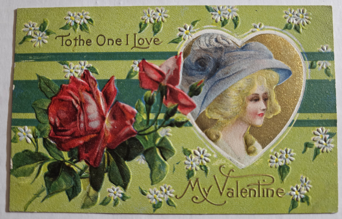 Valentine Postcard Gold Embossed Woman in Bonnet Red Rose Colonial Series