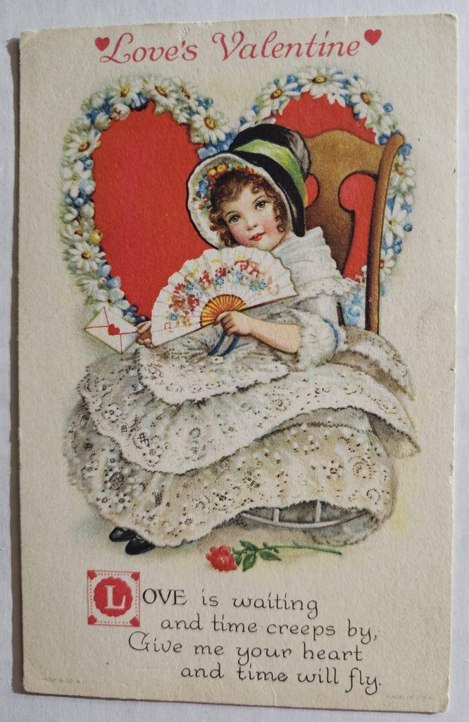 Vintage Valentine Postcard, Little Girl Hearts & Fan Artist Clapsaddle, Antique Valentine's Post Card Wolf Publishing