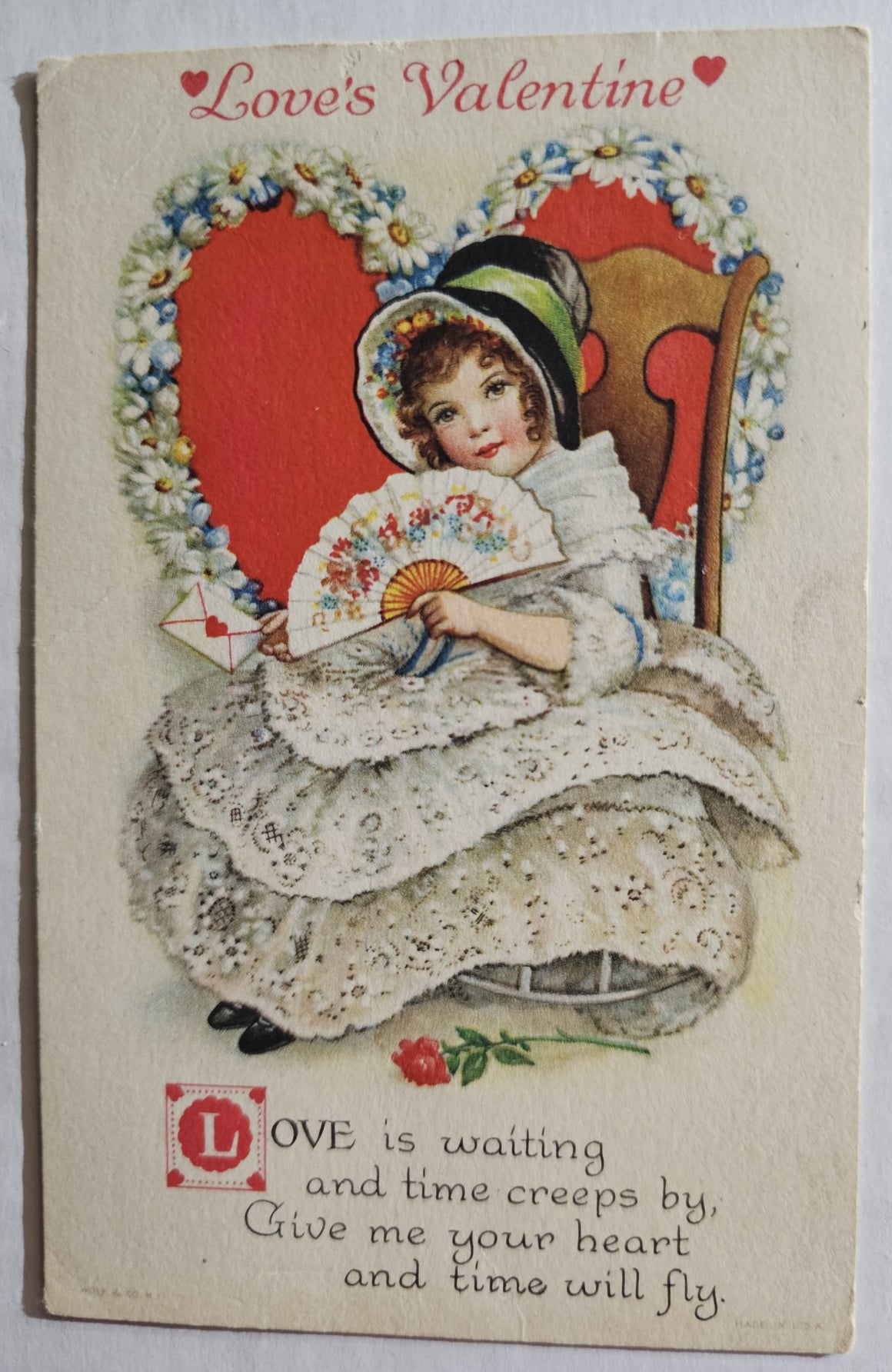 Vintage Valentine Postcard, Little Girl Hearts & Fan Artist Clapsaddle, Antique Valentine's Post Card Wolf Publishing