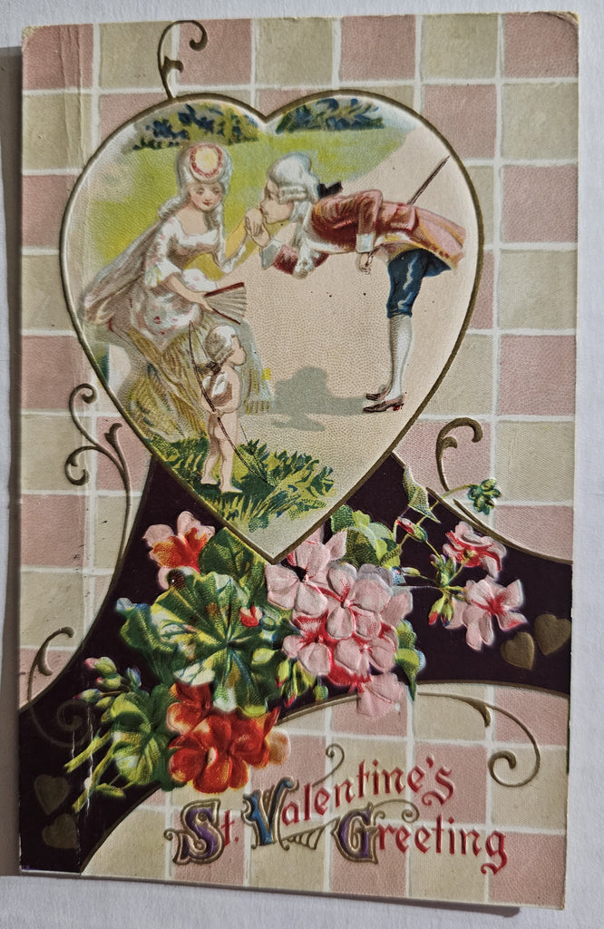 Vintage Valentine Postcard, Couple Courting Checkered Background Gold Hearts, Antique Valentine's Post Card Series A.C.