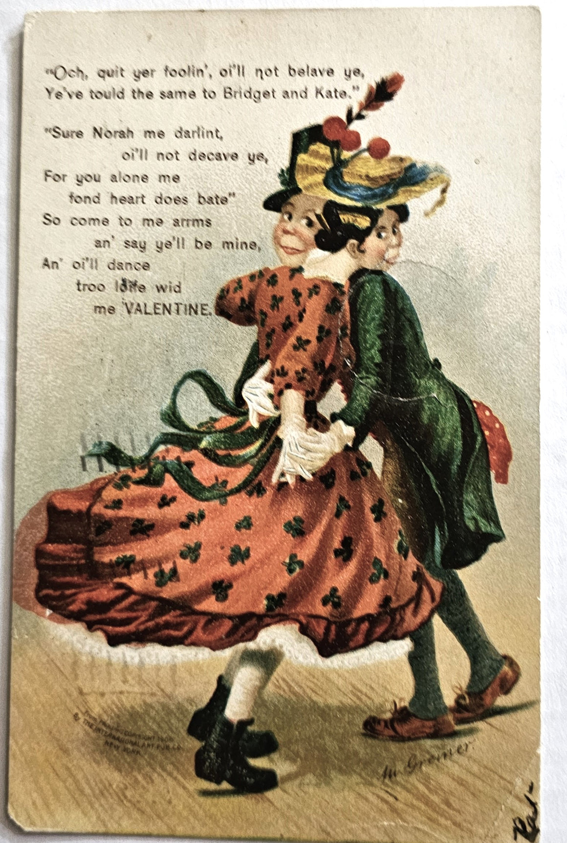 Vintage Valentine Antique Postcard, Artist M. Greiner Couple Dancing with Poem, Series 703 IAP