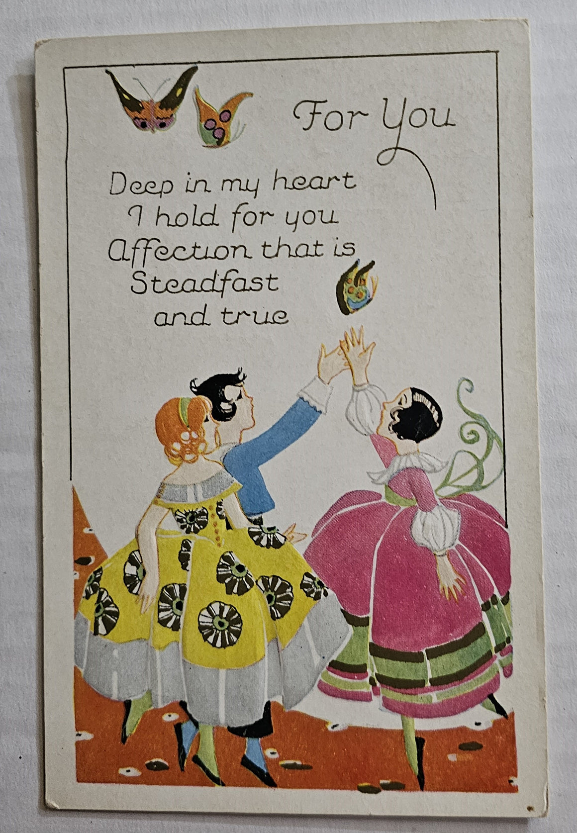 Vintage Valentine Antique Postcard, Series 864 Art Deco Card, Children at Dance Chasing Butterflies