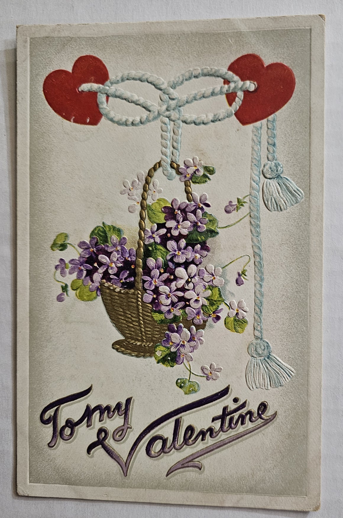 Vintage Valentine Antique Postcard, Gold Embossed Basket with Purple Flowers Red Hearts on Rope Series 2805