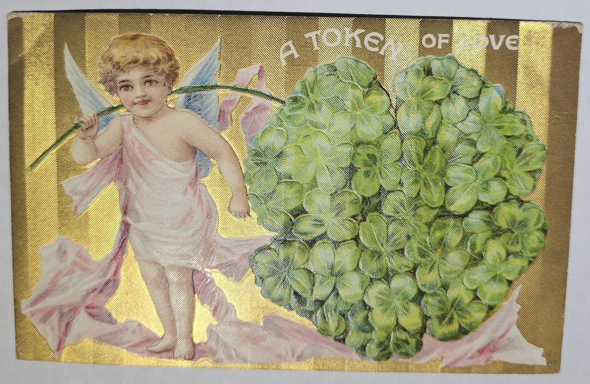 Vintage Valentine Postcard, Cupid with Giant Four Leaf Clover Flower Gold Background Shiny, Antique Valentine's Post Card