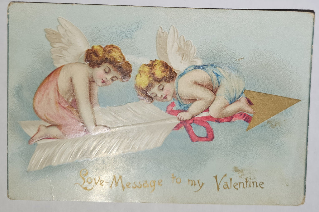 Vintage Valentine Postcard, Cupids on Flying Arrow in Clouds, Antique Valentine's Post Card, Artist Clapsaddle IAP