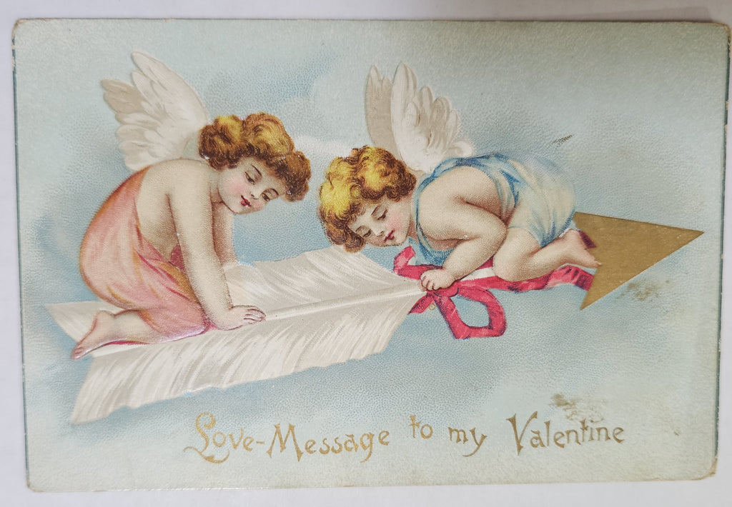 Vintage Valentine Postcard, Cupids on Flying Arrow in Clouds, Antique Valentine's Post Card, Artist Clapsaddle IAP