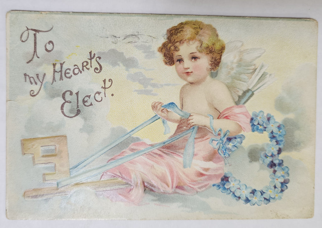 Vintage Valentine Postcard, Cupid Riding Key in Cloud, Antique Valentine's Post Card, Artist Clapsaddle IAP