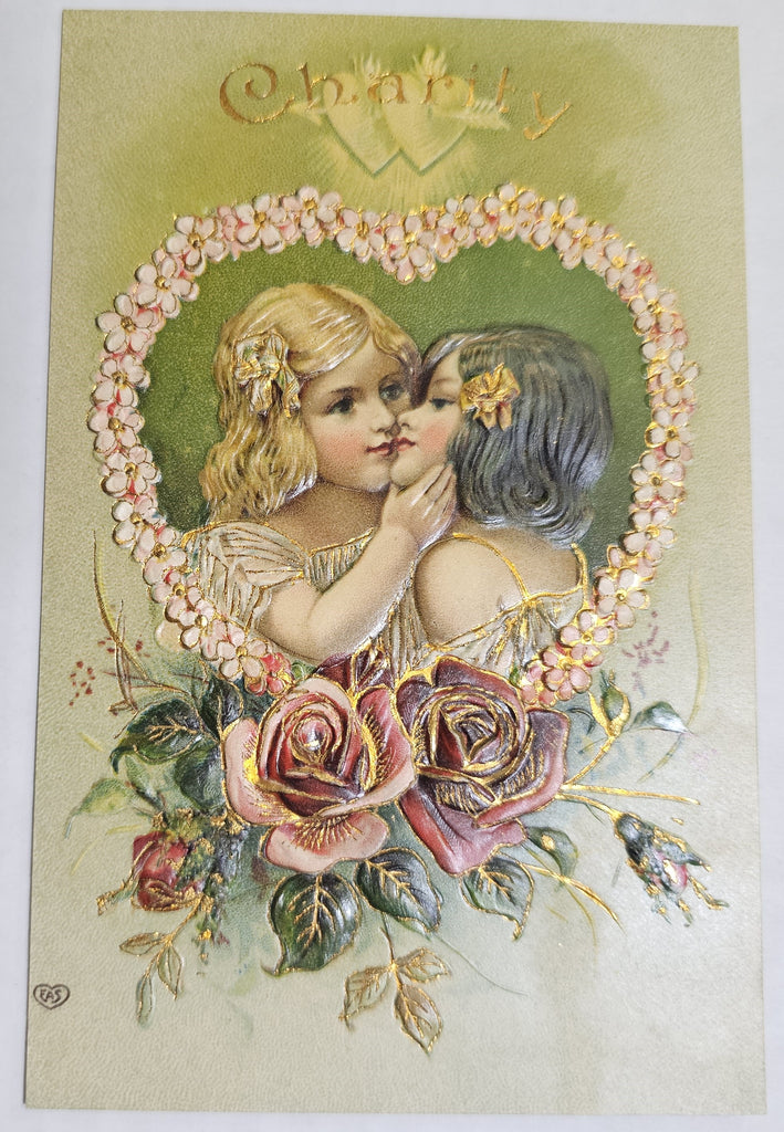 Vintage Valentine Postcard, Little Girls Sharing Hug & Kiss Roses Heart Gold Embossed Charity, Antique Valentine's Post Card, EAS Pub