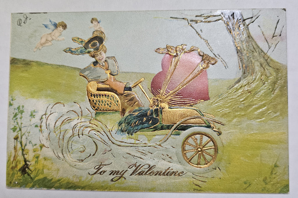 Vintage Valentine Postcard,  Edwardian Woman in Old Timey Car with Cupids Flying Heart Tied on Front, Antique German Valentine's Post Card