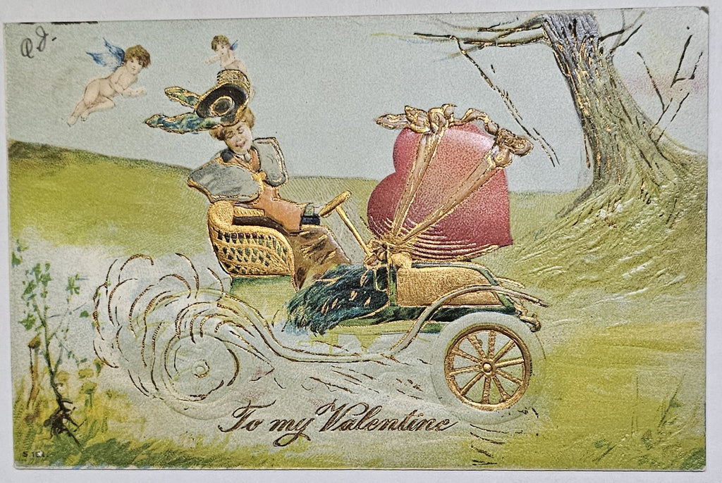 Vintage Valentine Postcard,  Edwardian Woman in Old Timey Car with Cupids Flying Heart Tied on Front, Antique German Valentine's Post Card