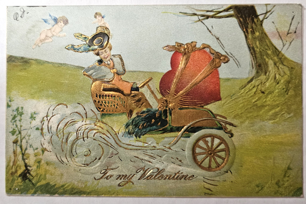 Vintage Valentine Postcard,  Edwardian Woman in Old Timey Car with Cupids Flying Heart Tied on Front, Antique German Valentine's Post Card