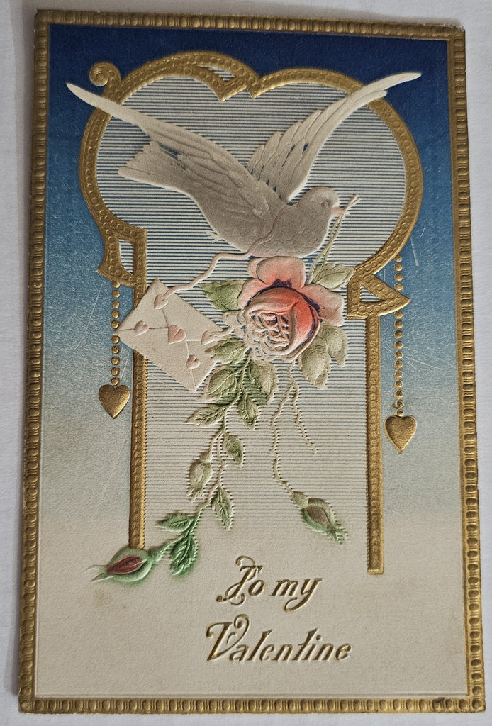 Vintage Valentine Postcard, Dove Carrying Rose with Envelope Gold Embossing, Antique Valentine's Post Card