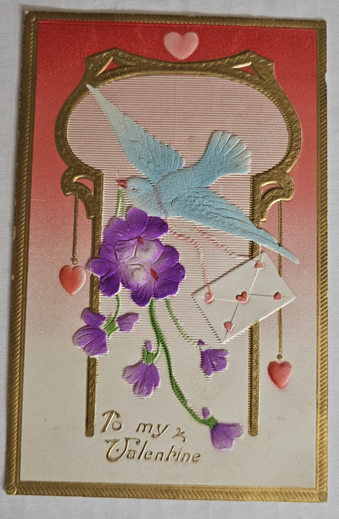 Vintage Valentine Postcard, Dove Carrying Purple Violets with Envelope Gold Embossing, Antique Valentine's Post Card