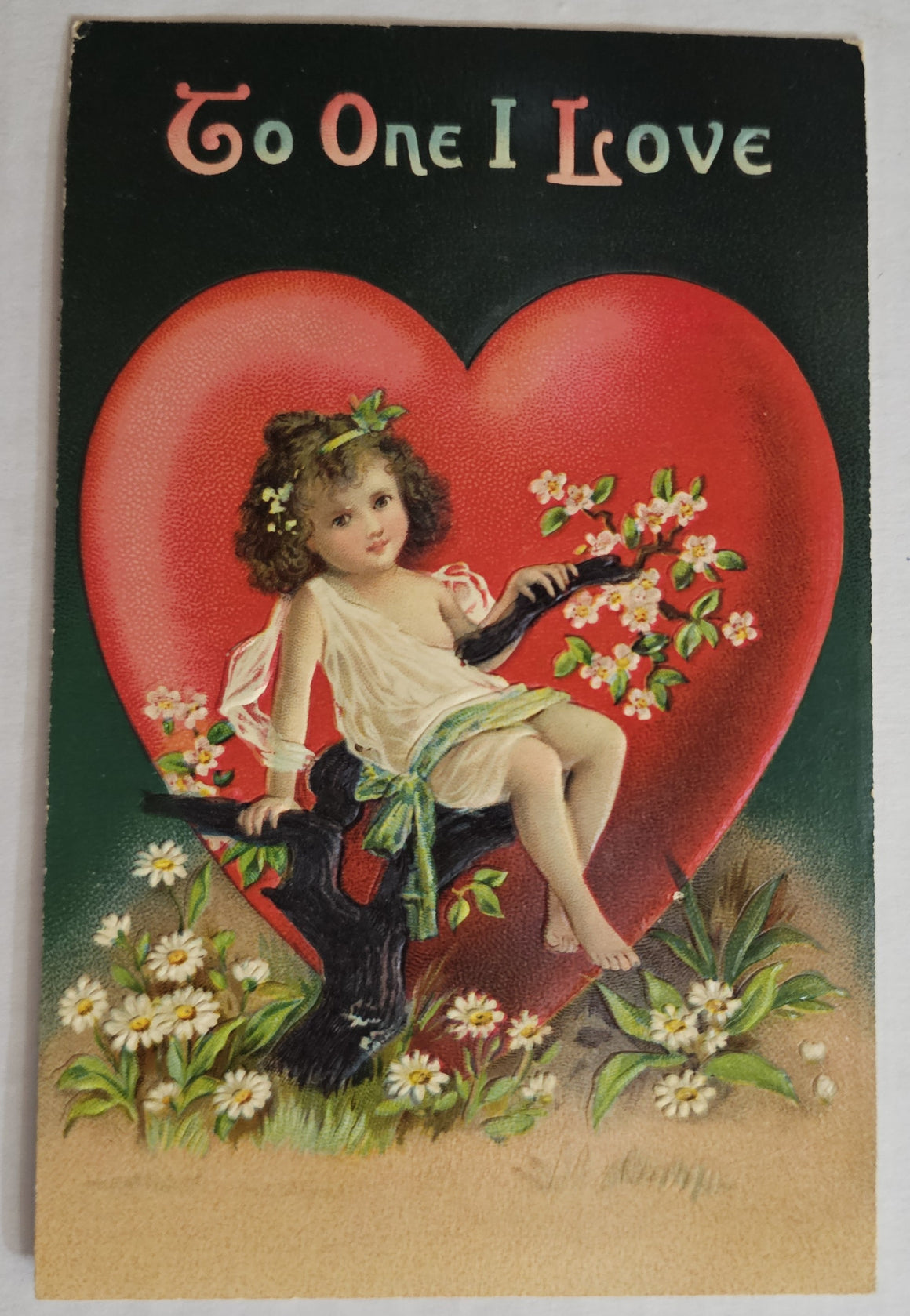 Vintage Valentine Postcard,  Series 810 Germany Little Girl in Tree Limb Giant Red Heart, Gel Type Finish, Antique Valentine's Post Card