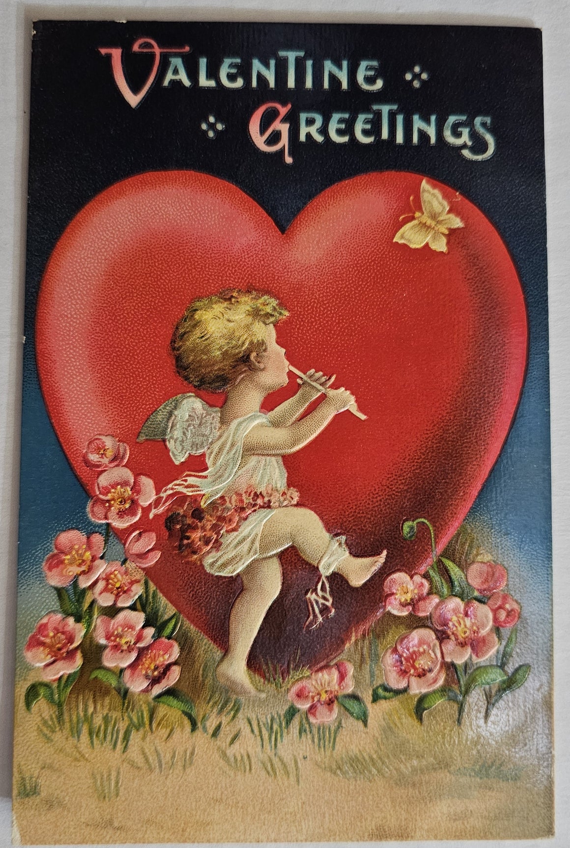 Vintage Valentine Postcard,  Series 810 Germany Boy Cupid Playing Flute Giant Red Heart, Gel Type Finish, Antique Valentine's Post Card