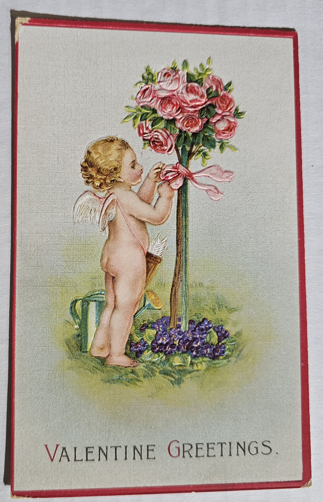 Vintage Valentine Postcard,  Cupid Ties Pink Ribbon on Rose Bush, Series 408 Antique Valentine's Post Card