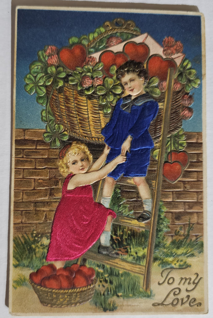 Vintage Valentine Postcard, Children in Silk Clothing on Ladder with Giant Basket of Hearts, Antique German Valentine's Post Card