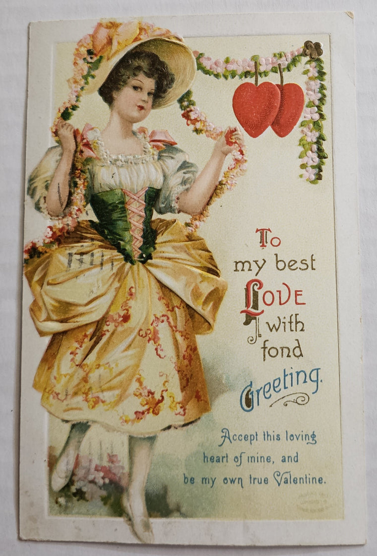 Vintage Valentine Antique Postcard, Ellen Clapsaddle Card Woman in Spring Frock Gown with Hearts & Flowers Series 1110