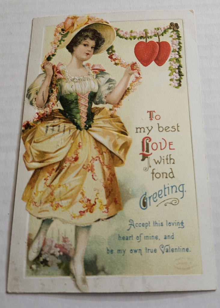 Vintage Valentine Antique Postcard, Ellen Clapsaddle Card Woman in Spring Frock Gown with Hearts & Flowers Series 1110