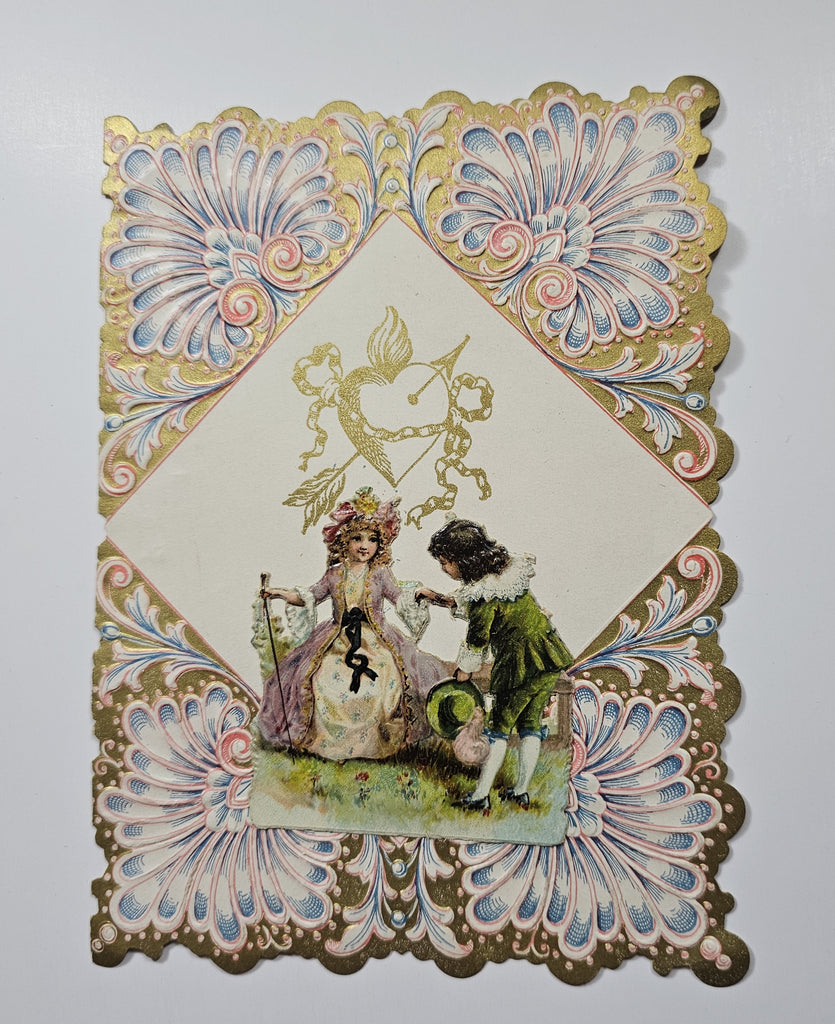 Vintage Antique Die Cut 1900 Valentine Card Chromolitho with Embossed Pink Blue & Gold Background and Applied Couple