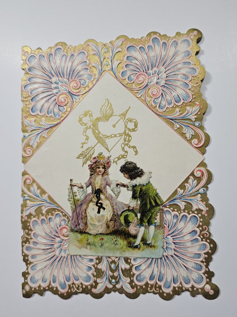 Vintage Antique Die Cut 1900 Valentine Card Chromolitho with Embossed Pink Blue & Gold Background and Applied Couple