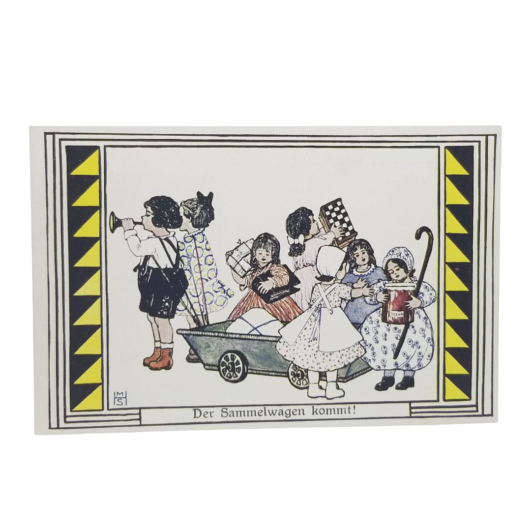 Vintage Artist Signed WWI Propaganda Marianne Steinberger Children w/Collection Wagon