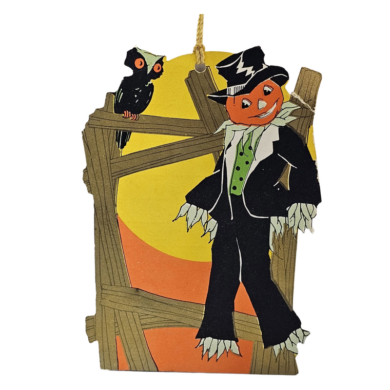 Vintage Art Deco Whitney Halloween Tally Card – JOL Pumpkin Scarecrow Man with Top Hat & Owl