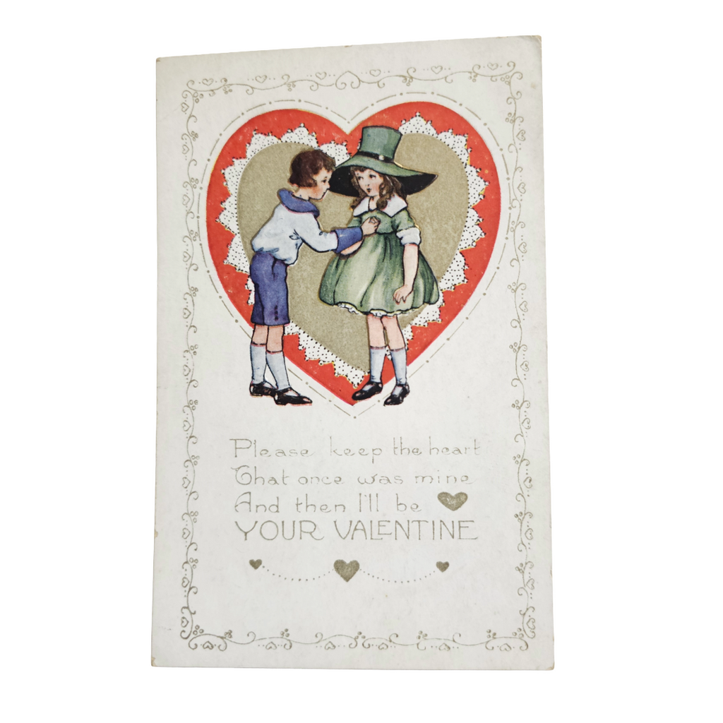 Valentine Postcard Whitney Pub Boy and Girl Green Hat in Red Heart Border