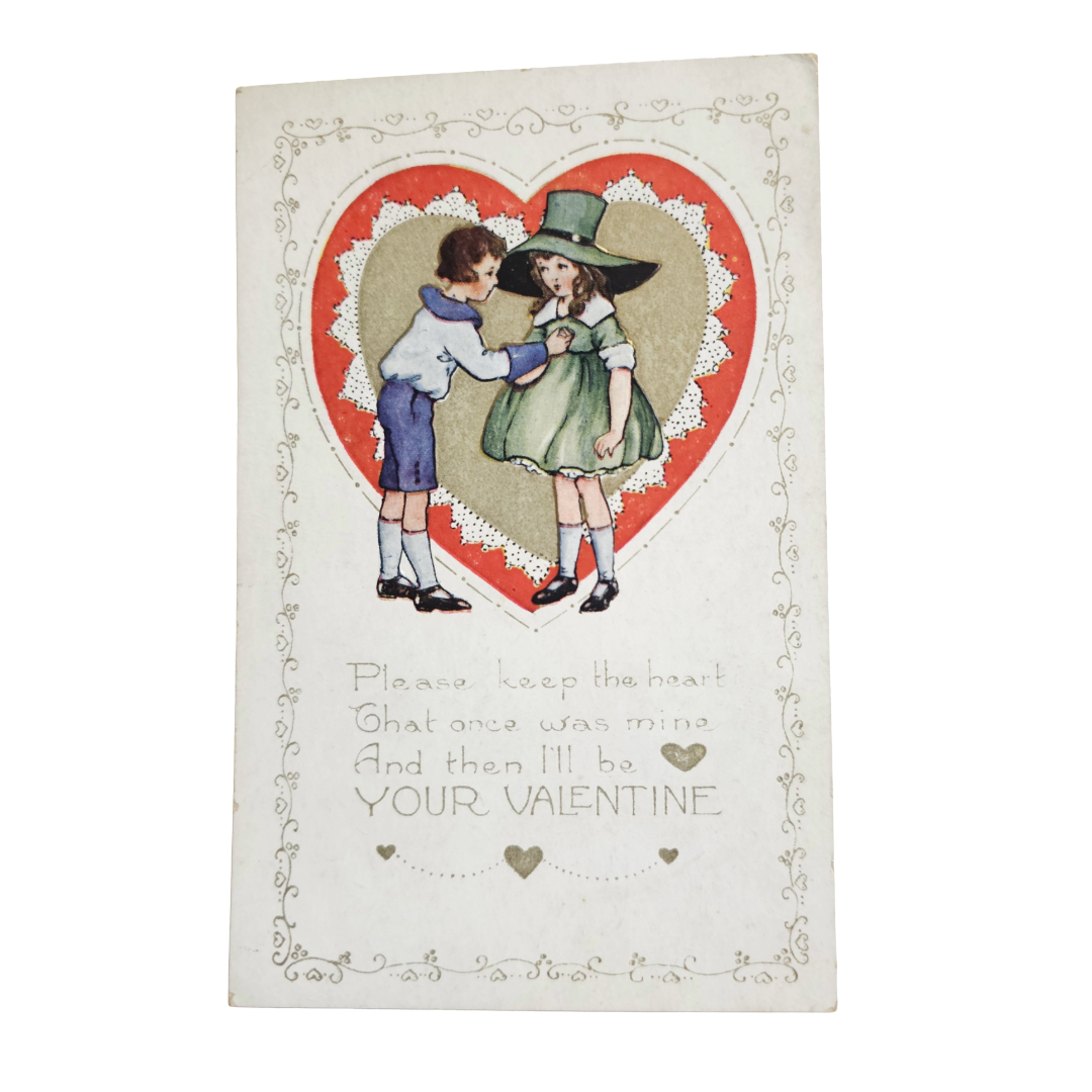Valentine Postcard Whitney Pub Boy and Girl Green Hat in Red Heart Border