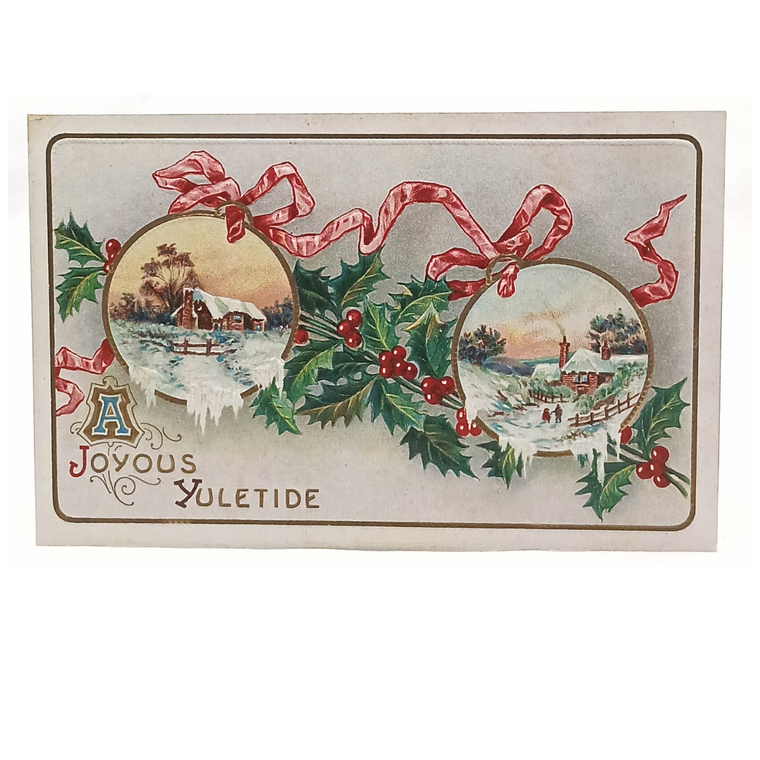 Christmas Postcard Snowy Landscape Ribbon Holly Series 5243