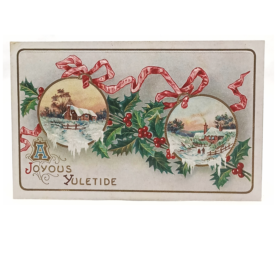 Christmas Postcard Snowy Landscape Ribbon Holly Series 5243