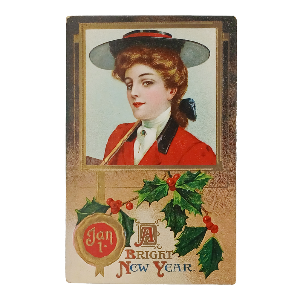 New Year Postcard Gibson Girl in Red with Hat