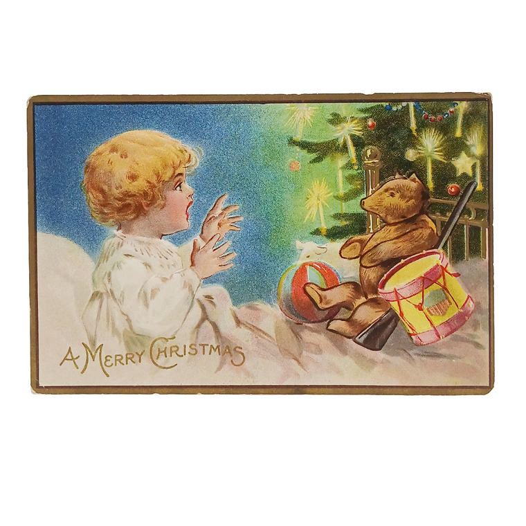 Antique Christmas Postcard, Child with Teddy Bear, Rifle & Toys, Juvenile Christmas Series