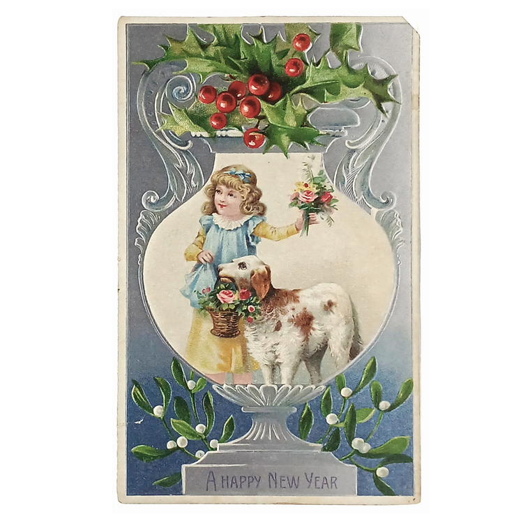 New Year Postcard Little Girl with Dog Holding Flower Basket Silver Embossed