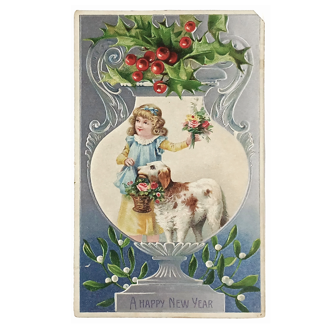 New Year Postcard Little Girl with Dog Holding Flower Basket Silver Embossed