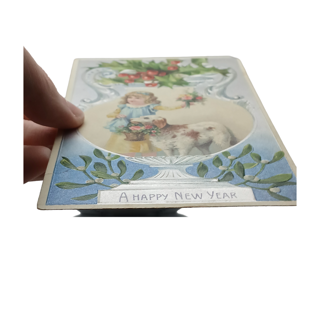 New Year Postcard Little Girl with Dog Holding Flower Basket Silver Embossed