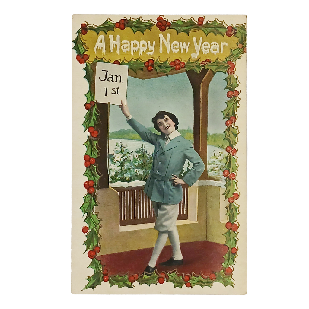 New Year Postcard Boy Holding Jan 1st Card