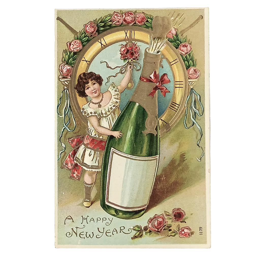 New Year Postcard Gold Embossed Gel Finish Girl with Giant Champagne Bottle