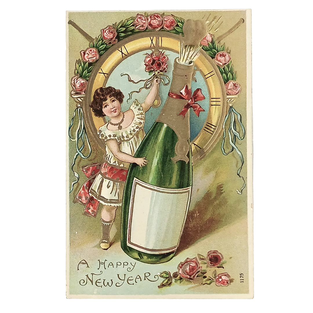 New Year Postcard Gold Embossed Gel Finish Girl with Giant Champagne Bottle