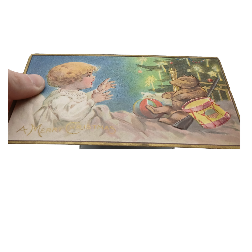 Antique Christmas Postcard, Child with Teddy Bear, Rifle & Toys, Juvenile Christmas Series