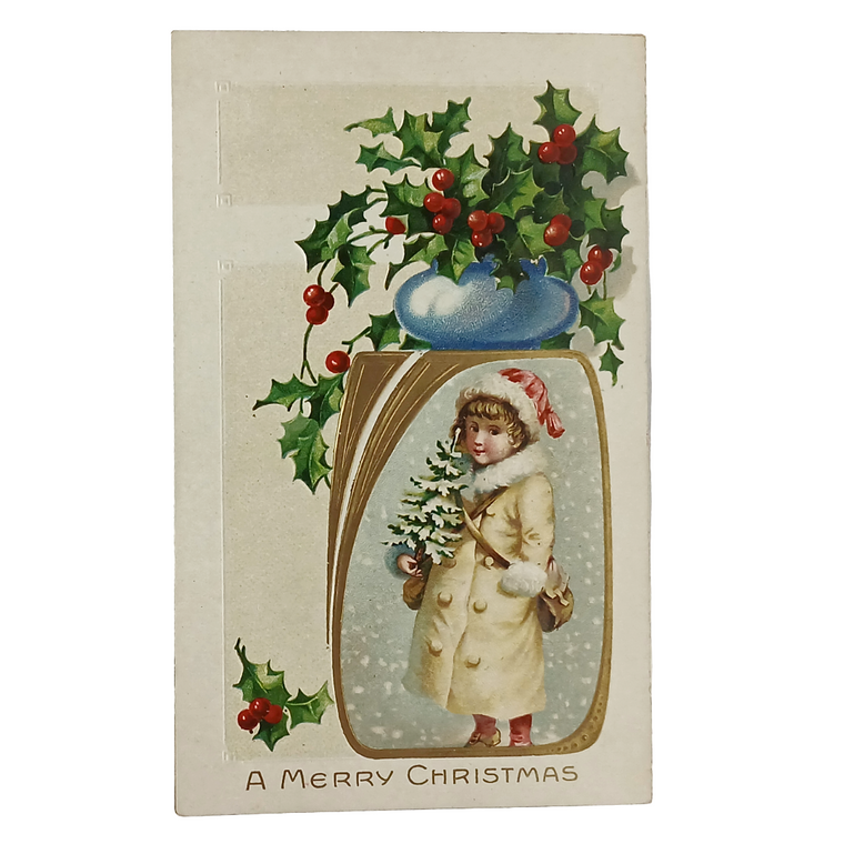 Antique Christmas Postcard, Child in White Coat Holding Tree in Snow