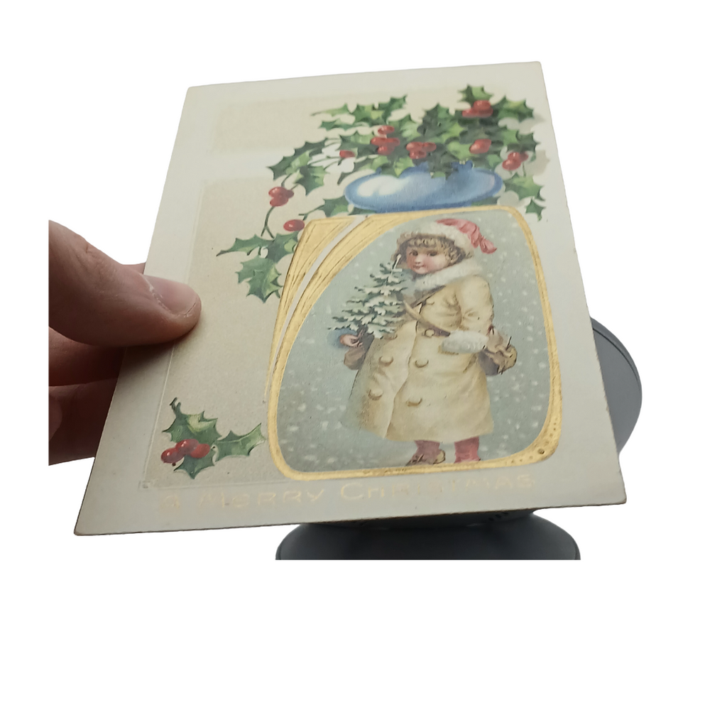 Antique Christmas Postcard, Child in White Coat Holding Tree in Snow