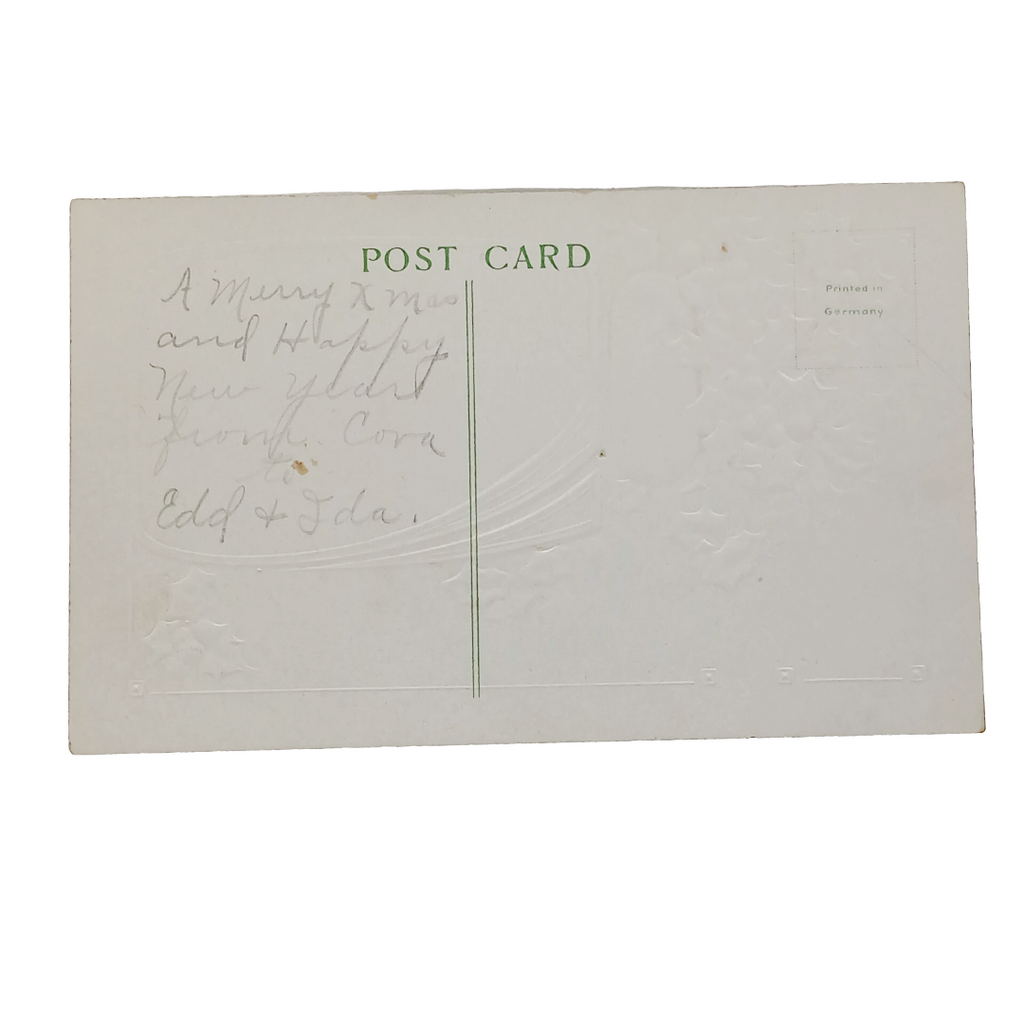 Antique Christmas Postcard, Child in White Coat Holding Tree in Snow