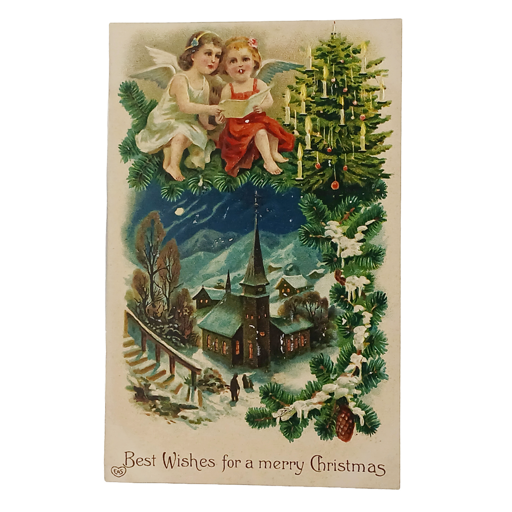 Antique Christmas Postcard, Angels on Pine Branch Singing Above Town
