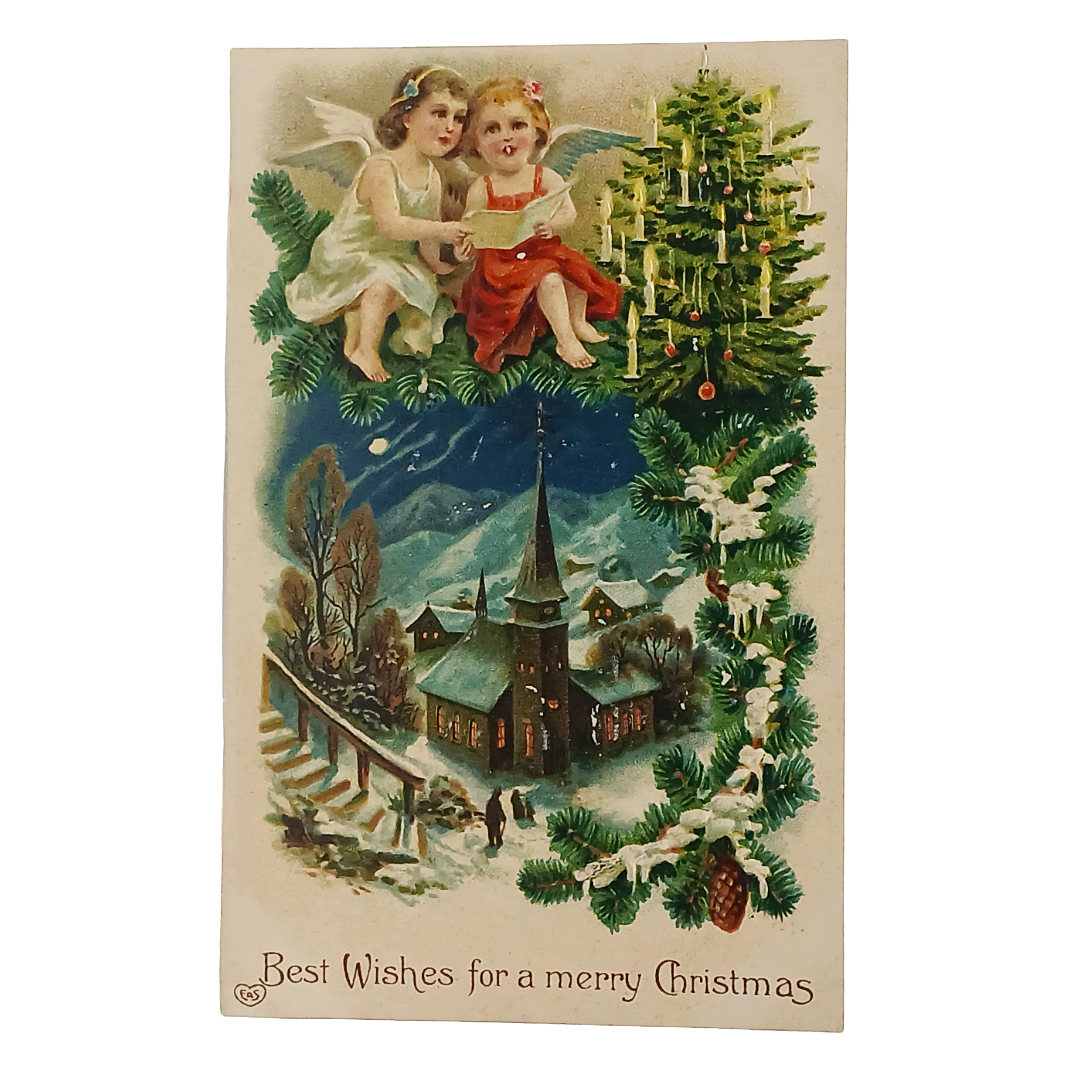 Antique Christmas Postcard, Angels on Pine Branch Singing Above Town